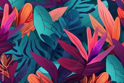 Abstract leaf decoration design featuring a collection of tropical leaves on a colorful background, inspired by exotic nature. Generative AI
