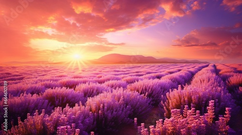 A serene field of lavender flowers with colors shifting from lavender to soft lilac.