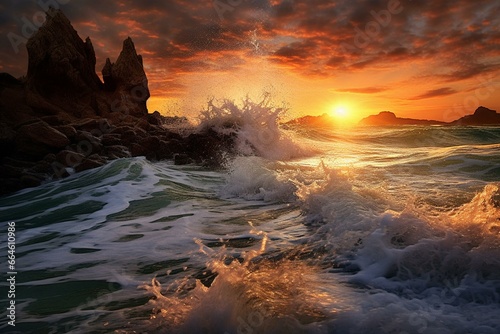 Sunset waves crashing on beach. Generative AI © Ethan