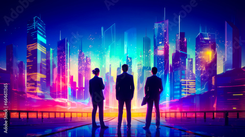 Three men standing in front of cityscape with skyscrapers in the background.