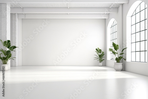 modern photo studio light room with white walls and green plants 
