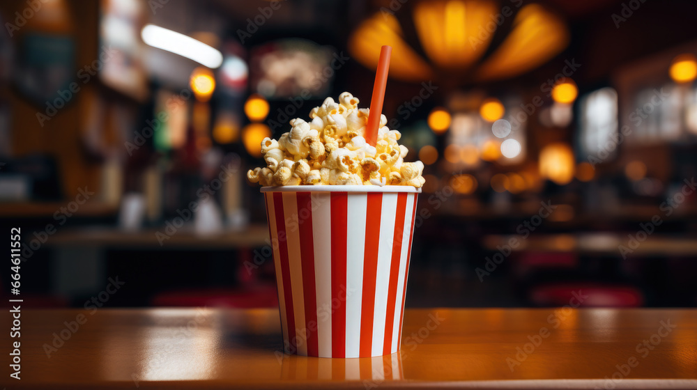 a striped red and white bucket of popcorn stands against the backdrop of a cinema hall, movie, food, day off, snack, fun, entertainment, pack, corn, fast food, film, cafe, lights, treat, bag, party