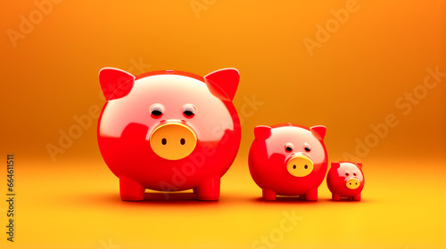 Group of three piggy banks sitting next to each other on yellow background.