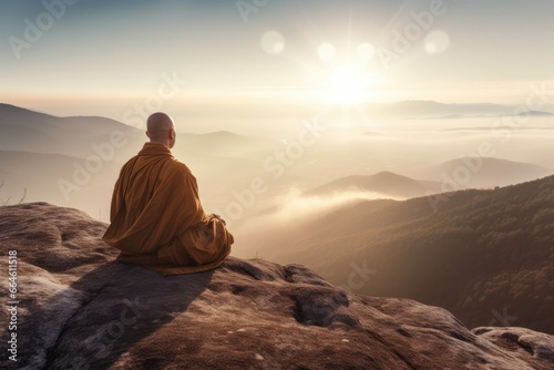 Tibetian monk meditating on top of the mountain