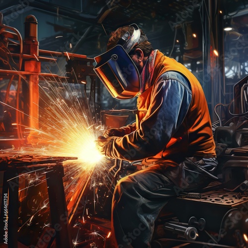 man welder welding with gas at industrial factory, steel and metal industry concept