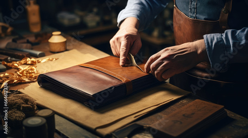 Italian Bookbinder Crafts Beautiful Tome from Leather with Careful Hands © javier