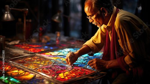 Indian Glass Painter Creates Stained Glass Artwork with Intricate Patterns