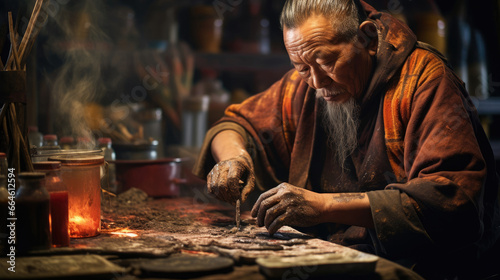 Tibetan Thangka Painter Creating Sacred Artwork with Meticulous Precision