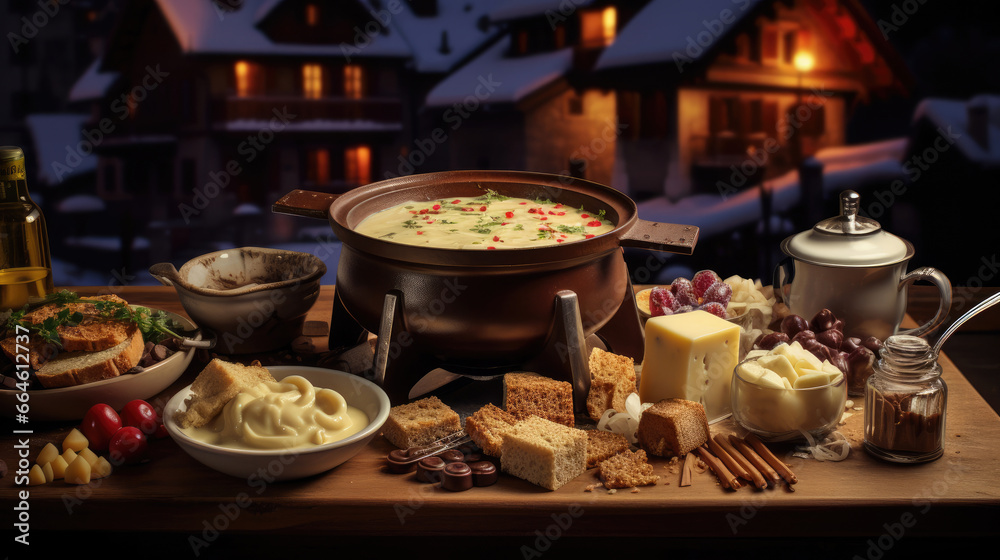 Charming Swiss Chalet: Cheese Fondue Rösti Silky Chocolate Pots