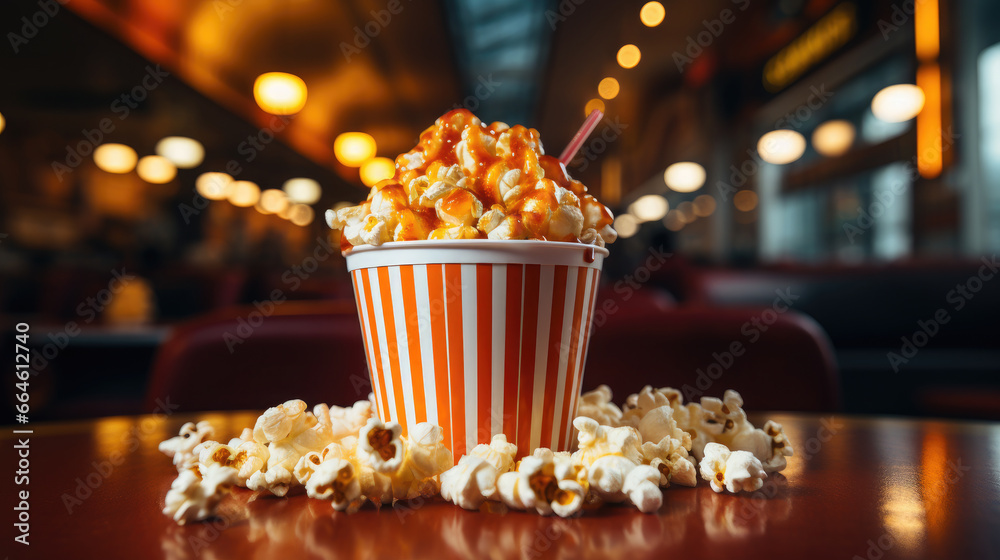 a striped red and white bucket of popcorn stands against the backdrop of a cinema hall, movie, food, day off, snack, fun, entertainment, pack, corn, fast food, film, cafe, lights, treat, bag, party a striped red and white bucket of popcorn stands against the backdrop of a cinema hall, movie, food, day off, snack, fun, entertainment, pack, corn, fast food, film, cafe, lights, treat, bag, party