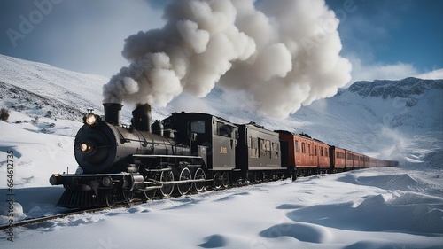 steam train in the snow, , A steam train on a cold and snowy day in the winter