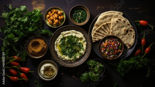 Inviting Lebanese Mezze Spread: Creamy Hummus Tabbouleh Shawarma