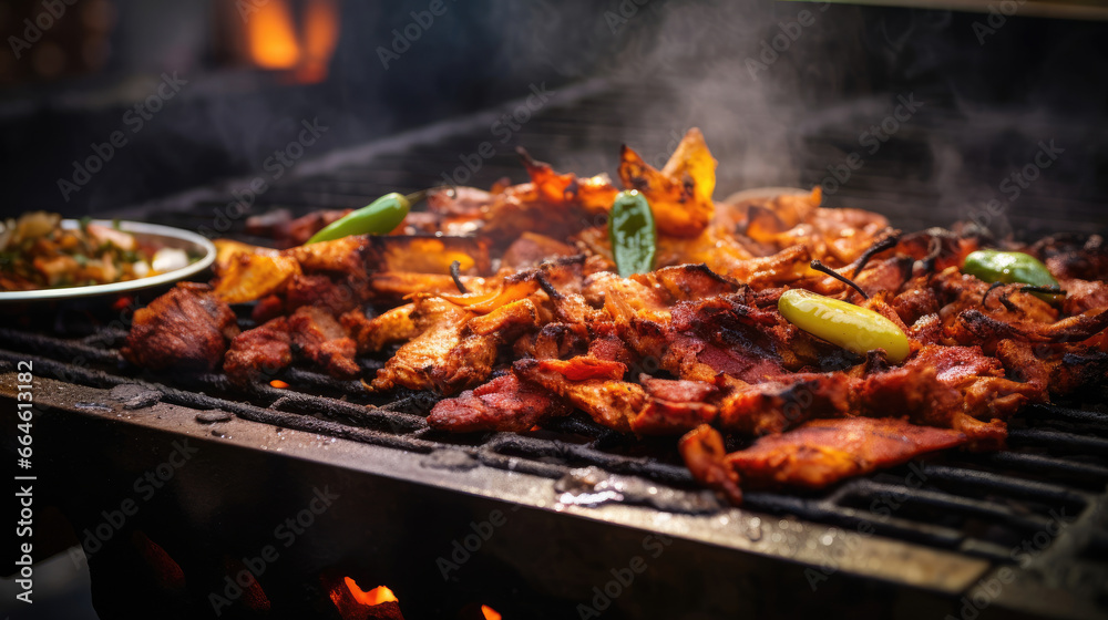 Sizzling Grill with Al Pastor in Mexican Taquería