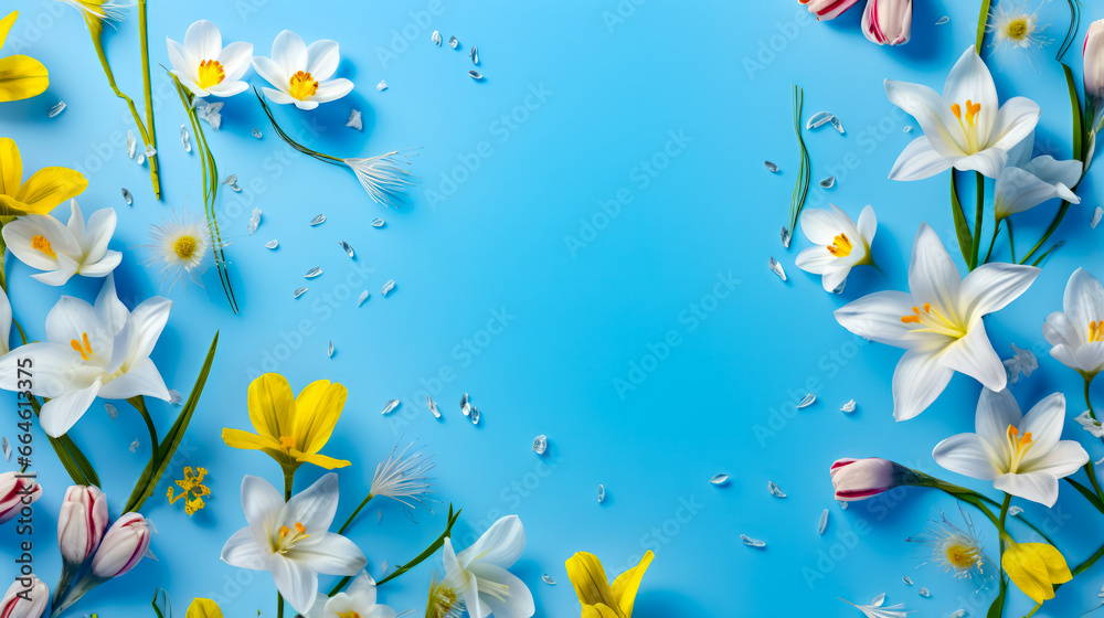 Blue background with white and yellow flowers on the bottom of the image.