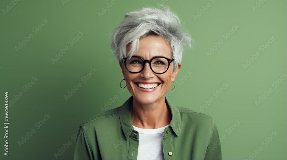 middle age woman with grey hair smile in studio, 50s 60s senior  female laughing, skincare and beauty concept