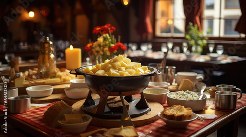 Charming Swiss Fondue Chalet: Melted Cheese Crusty Bread