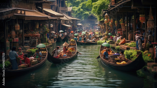 Bustling Thai Floating Market with Spicy Noodles and Fresh Produce © javier