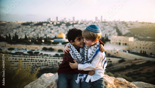 Symbol of Peace: Jewish and Palestinian Friends in Jerusalem. Generative ai