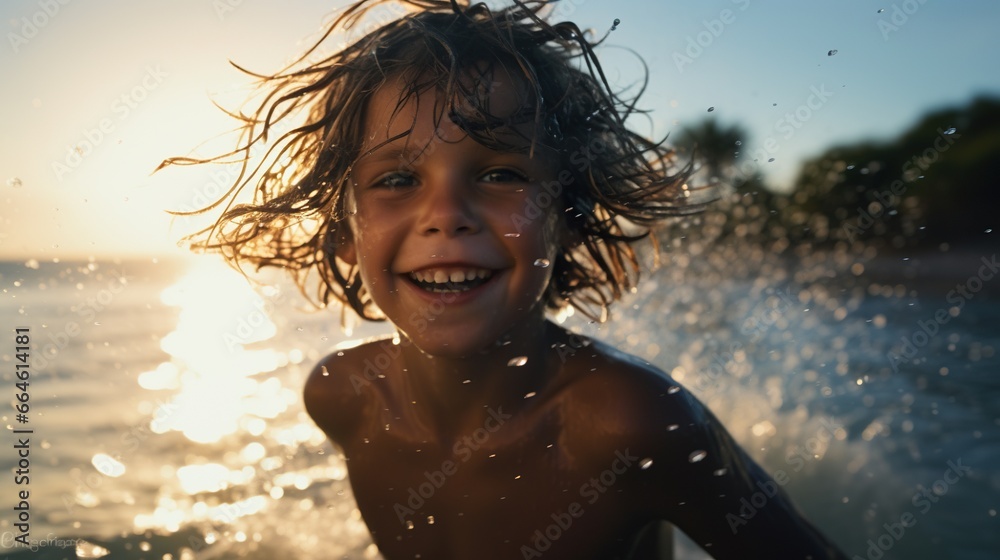 happy cheerful kid swim and play in water, playful boy splashing at lake or river at sunset