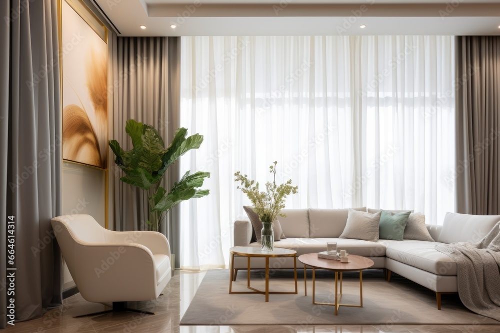 Elegant living room in minimalist style with luxury curtains Elegant living room in minimalist style with luxury curtains