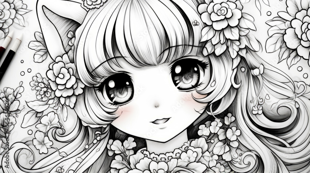 Black and white drawing of girl with flowers in her hair and flower in her hair. Black and white drawing of girl with flowers in her hair and flower in her hair.