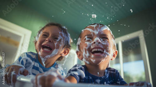 two happy kids have fun and playing with foam in bathroom