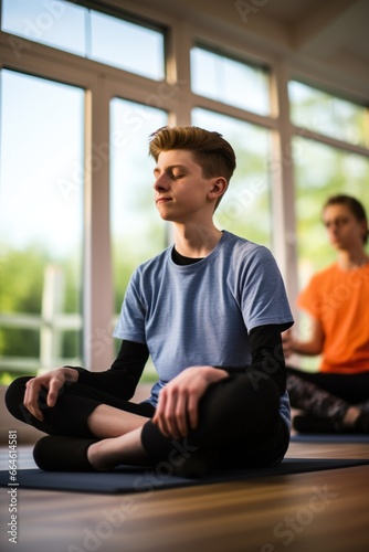 happy boy meditating at home in room, teenager practice yoga and meditation