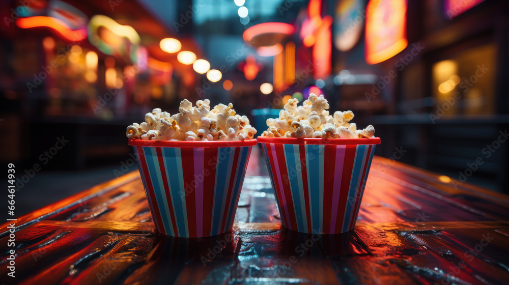 a striped red and white bucket of popcorn stands against the backdrop of a cinema hall, movie, food, day off, snack, fun, entertainment, pack, corn, fast food, film, cafe, lights, treat, bag, party - obrazy, fototapety, plakaty 
