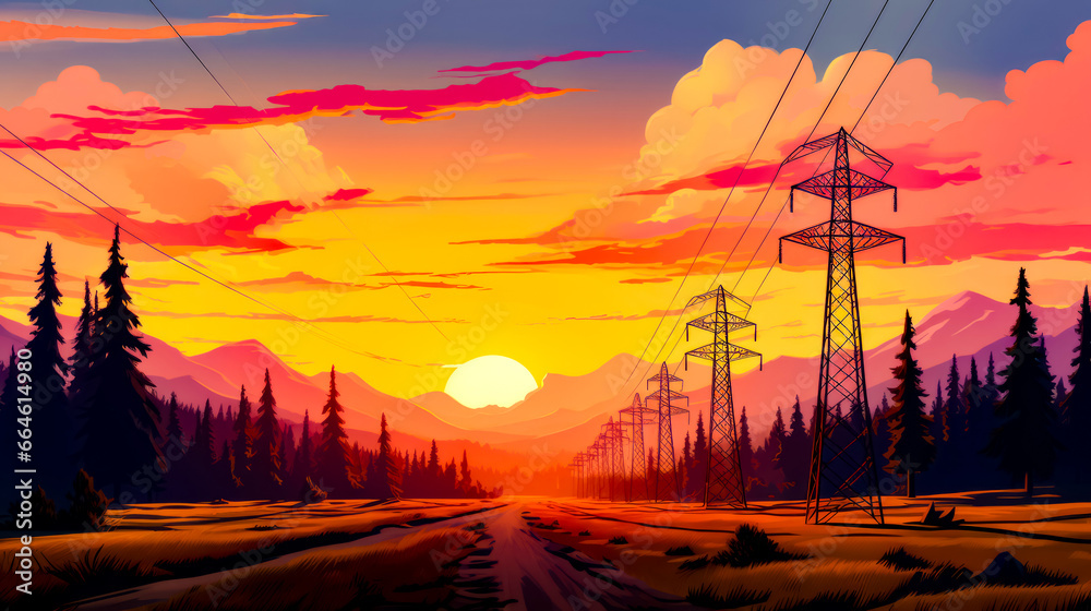 Painting of sunset with power lines in the foreground and trees in the background.