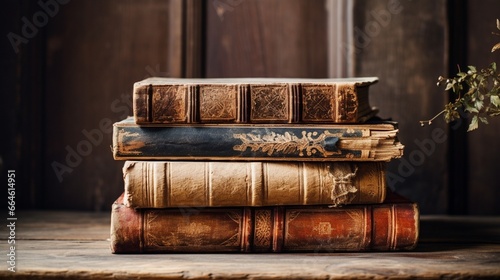 A stack of antique books on a rustic brown table.