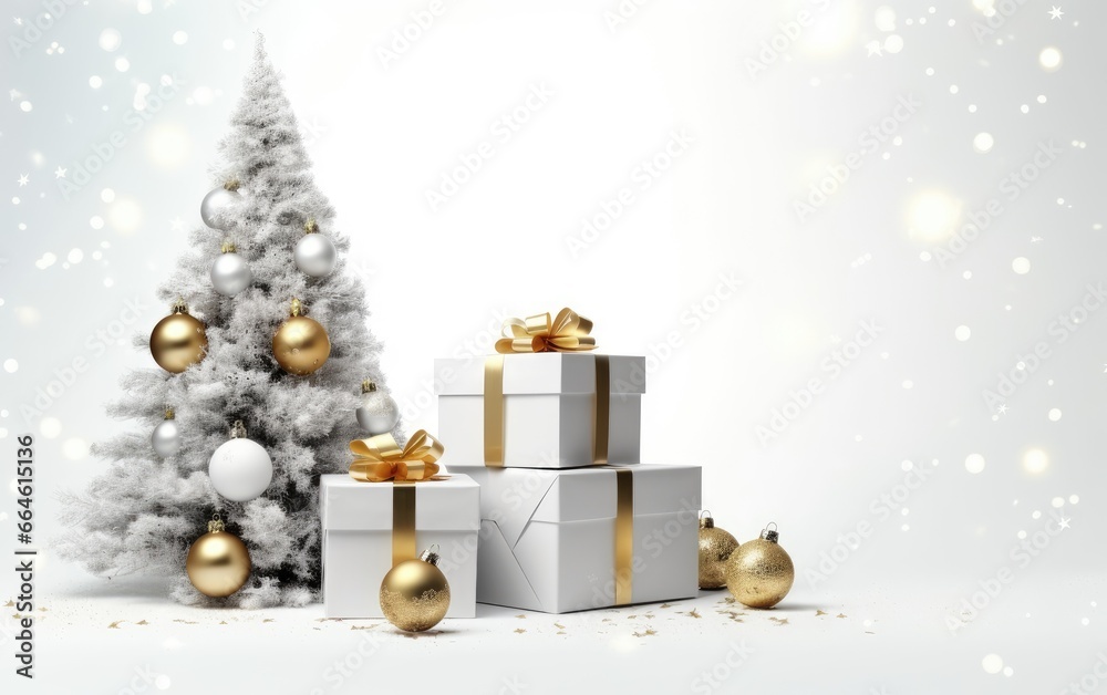 Christmas holiday composition on a white background. Tree, balls, New Year's stars, box with gifts