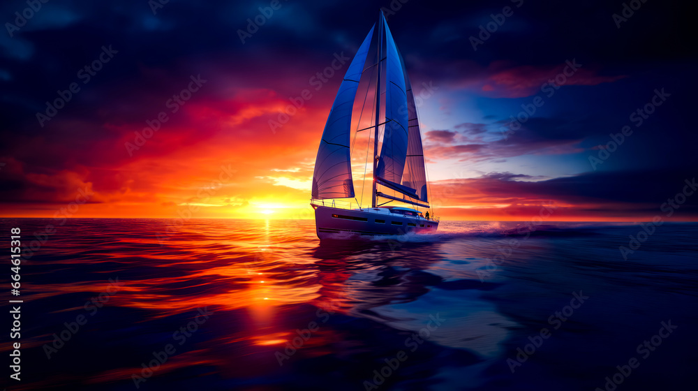Sailboat is sailing in the ocean during beautiful sunset or sunrise. - obrazy, fototapety, plakaty 