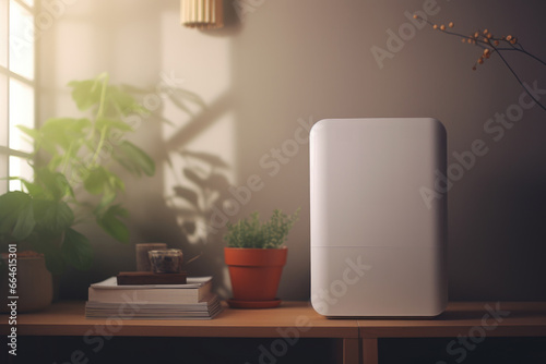 White Air Purifier on Wooden Table © Alla