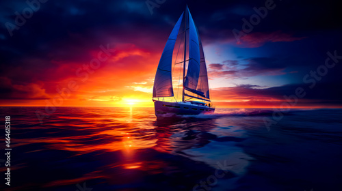 Sailboat is sailing in the ocean during beautiful sunset or sunrise.