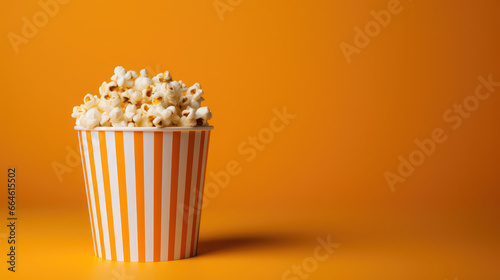 striped red bucket of popcorn stands on a plain yellow background, movie, food, weekend, snack, fun, entertainment, pack, corn, fast food, film strip, space for text, advertising