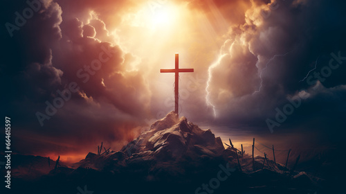 holy cross on mountain at clouds background, christianity and religion concept, jesus christ crucifixion on golgotha 