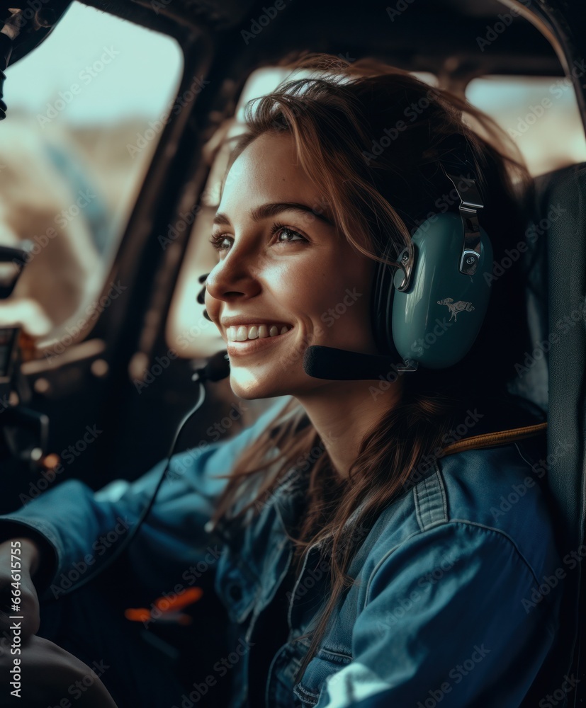Cute and beautiful blonde woman smiling while flying a helicopter and enjoying the views