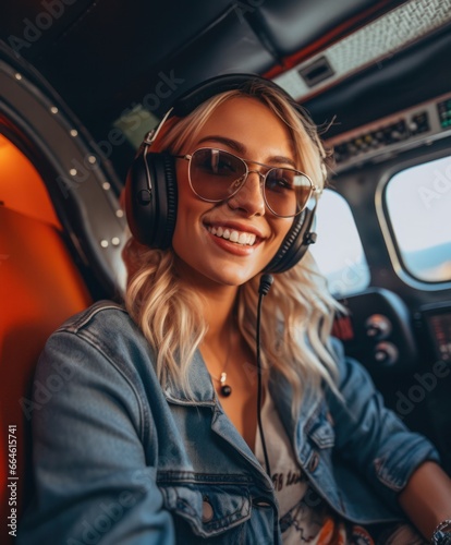 Cute and beautiful blonde woman smiling while flying a helicopter and enjoying the views