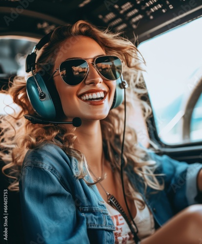 Cute and beautiful blonde woman smiling while flying a helicopter and enjoying the views © aboutmomentsimages