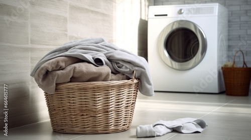 basket with dirty laundry in front of a washing machine.