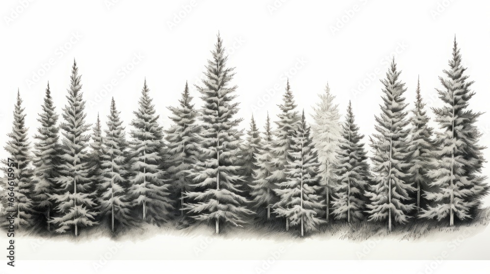 illustration of a winter forest drawn in pencil.