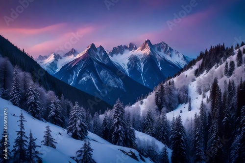 sunset in the mountains, Dark mountain silhouettes on a winter day. The mountains rise like ancient titans, their jagged peaks cutting through the crisp, cold air © SANA