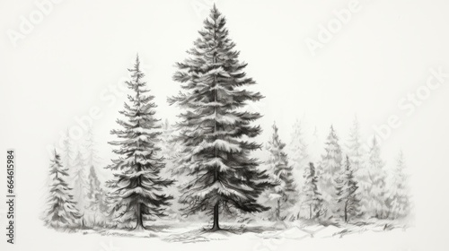 illustration of a winter forest drawn in pencil.