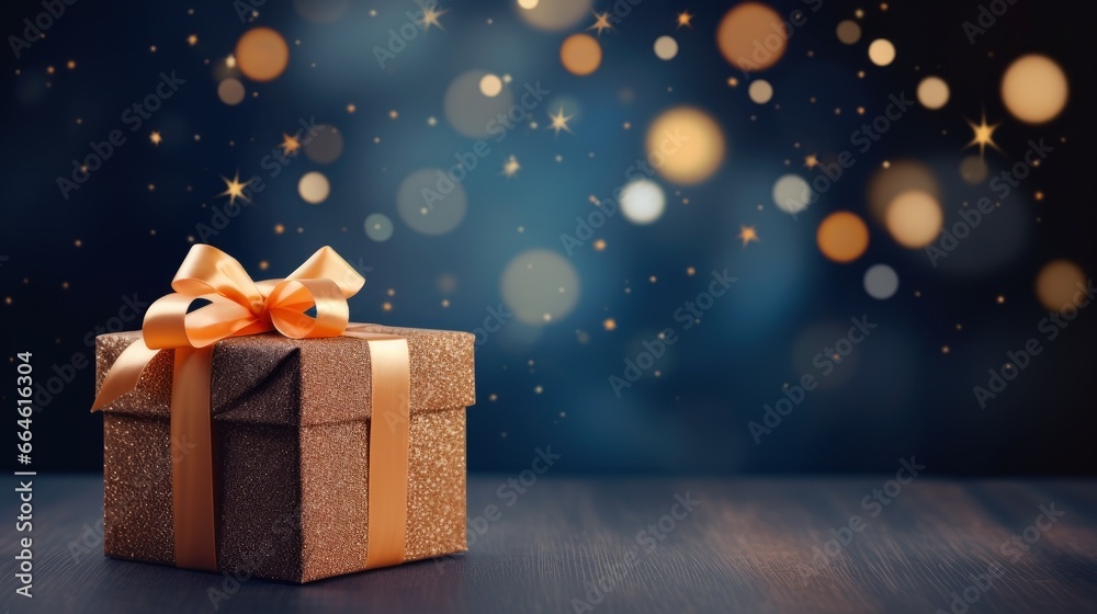 Holiday gift box with orange ribbon on bokeh background with copy space Holiday gift box with orange ribbon on bokeh background with copy space