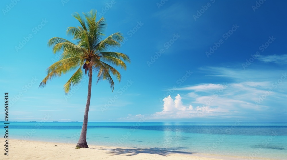 A striking image of a solitary coconut palm tree on a serene beach, under the brilliance of a clear blue sky, exemplifying the essence of the tropics.