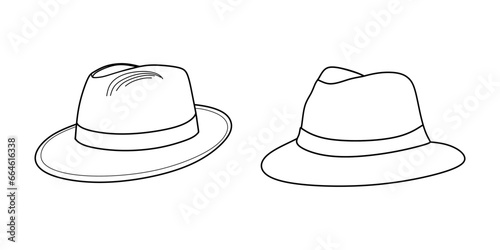 Set of hand drawn hats isolated on white background. Man hats for wearing in doodle style. Sketch of two classic gentleman hat, cap. Fashionable headgear. Vector illustration