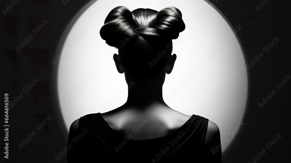 Fototapeta premium studio fashion portrait of beautiful young woman with trendy hairstyle, in style of black and white