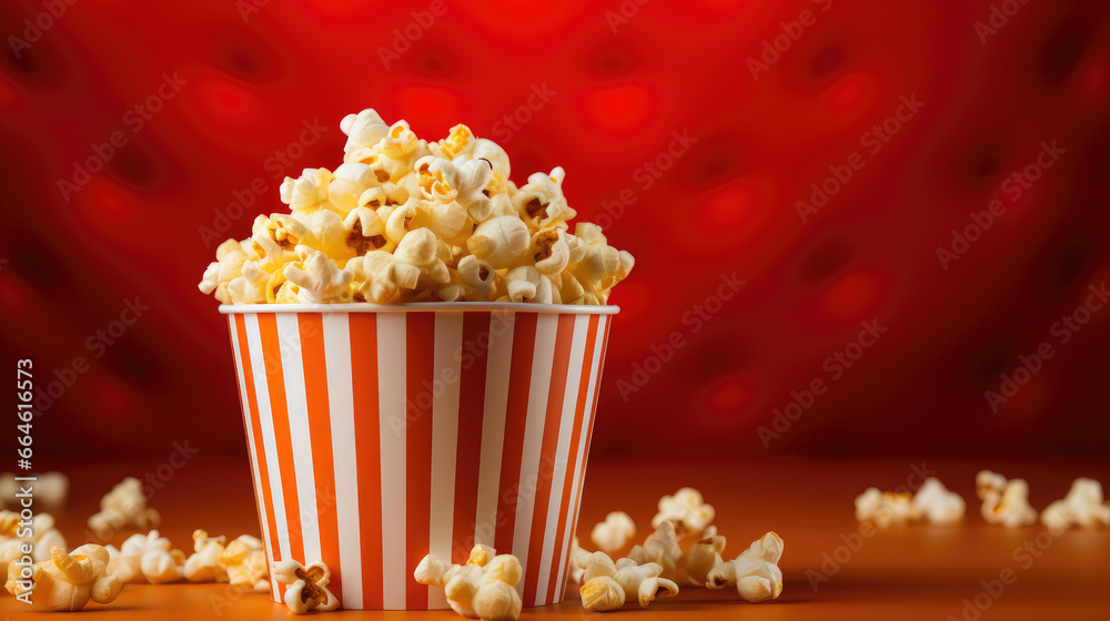 a striped red and white bucket of popcorn stands against the backdrop of a cinema hall, movie, food, day off, snack, fun, entertainment, pack, corn, fast food, film, cafe, lights, treat, bag, party
