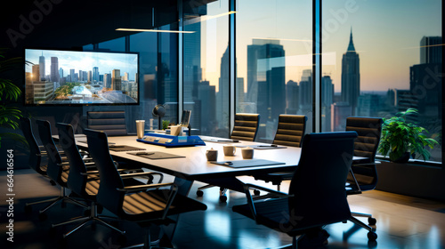 Conference room with view of the city outside of the window and table with laptop on it.