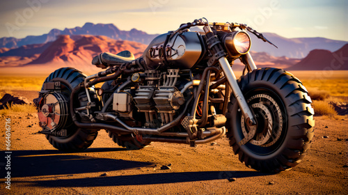 Motorcycle is parked in the desert with mountain in the back ground.